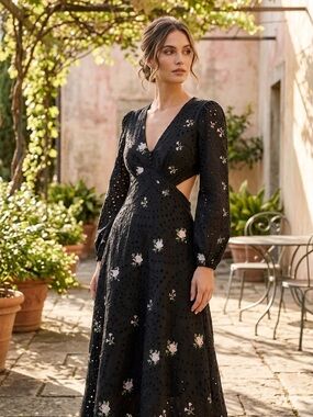 Black Eyelet Floral Cutout Maxi Dress